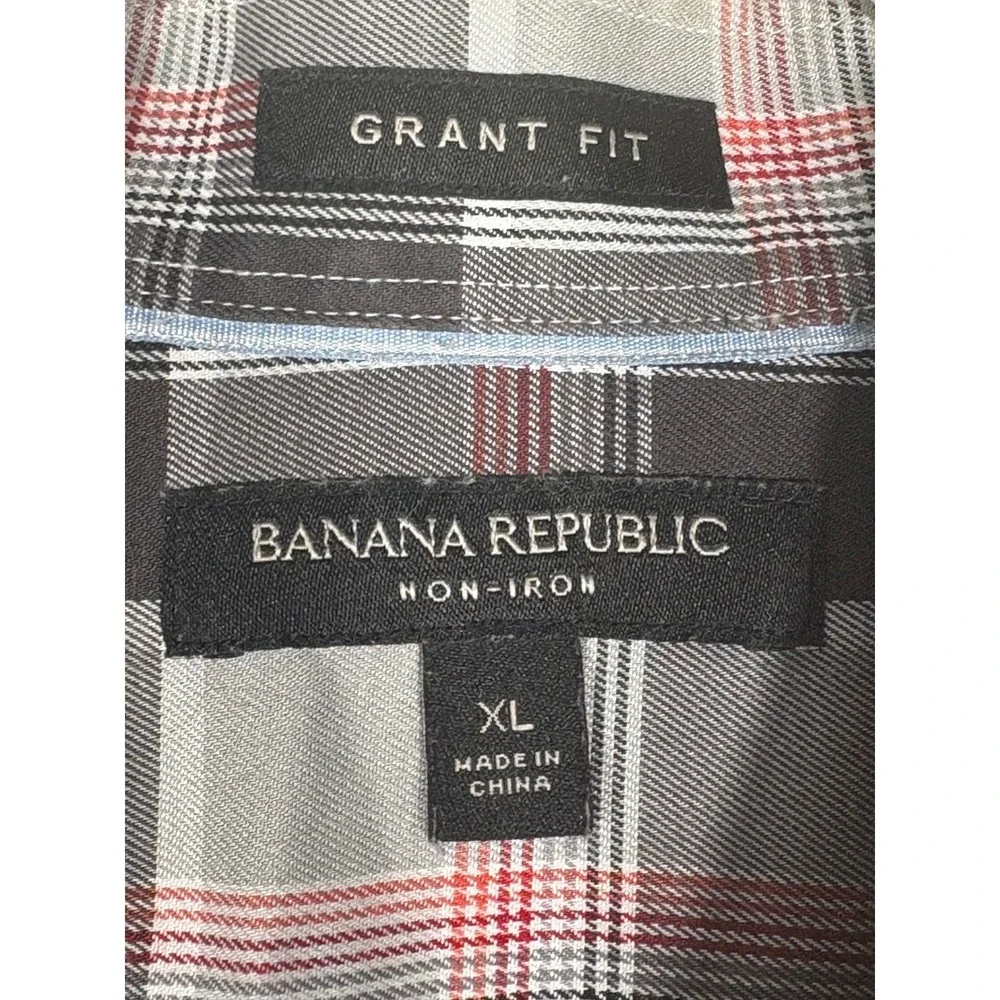 Banana Republic Grant Fit Non-Iron Plaid‎ Shirt Mens XL Grey Red Long Sleeve